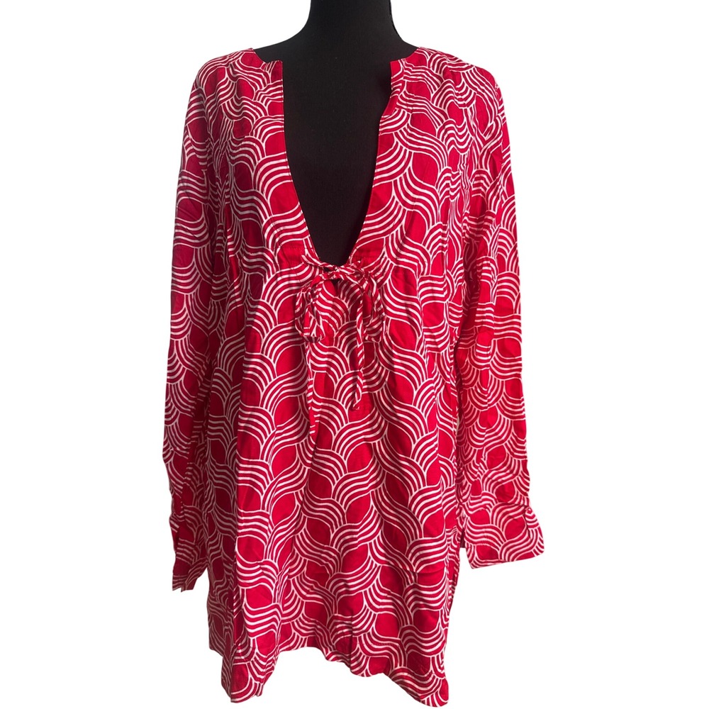 Escapada Beach Red White Geometric Wave Print Tie Front Tunic Coverup XL Rayon